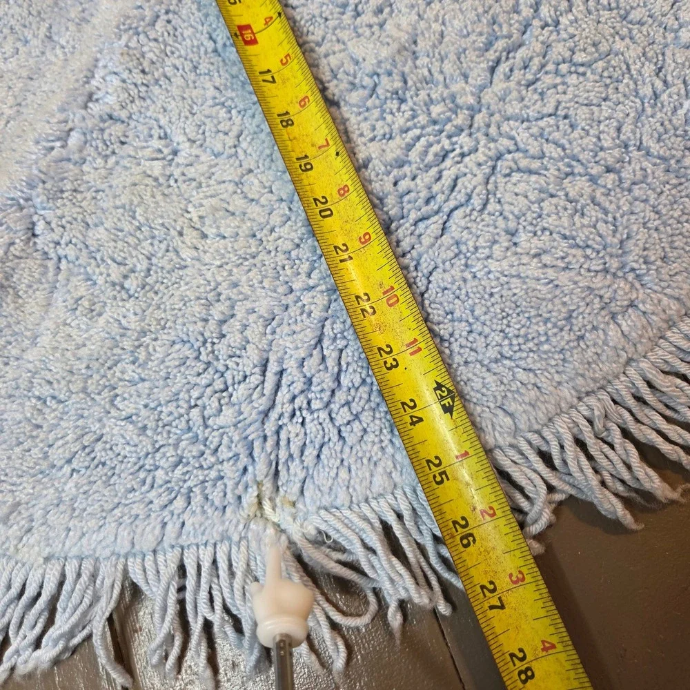 Vtg Light Blue Round Shag Bath Rug Fringed Tassel Retro MCM 24 Inch Small Rug